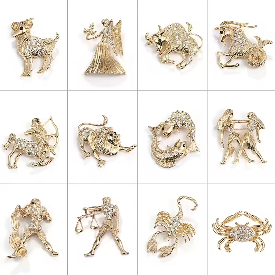 Joyer&iacute;a para mujer personalizada de OEM, 12 Zod&iacute;aco de moda Broches de cristal con adornos de animal