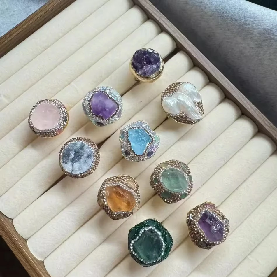 Joyer&iacute;a personalizada OEM, venta al por mayor, anillo de cristales ajustables, piedras curativas en
