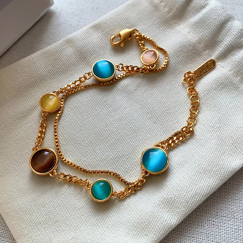 Joyería personalizada OEM, pulseras de cadena doble con piedra de ojo de gato de Color dorado galvanizado de latón de 18k, joyería para mujer, venta al por mayor de fábrica