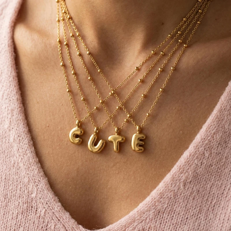 Joyer&iacute;a personalizada OEM, collar con letra inicial de burbuja hinchada de acero inoxidable chapado