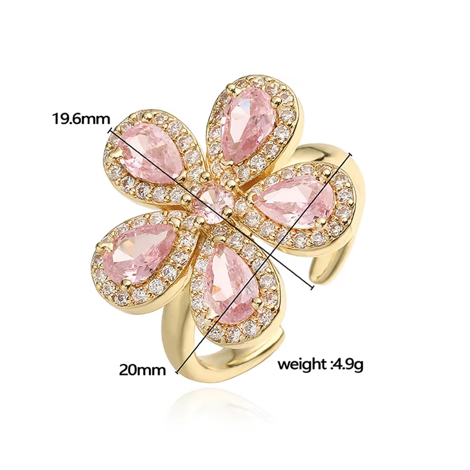 Joyería personalizada OEM, anillo de flores de latón CZ de circonio colorido de alta calidad, anillos ajustables chapados en oro de 18K para joyería de mujer