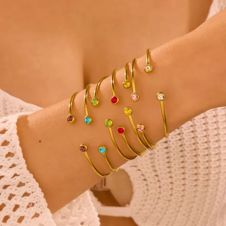 Pulsera personalizada OEM, brazalete abierto con circonitas coloridas, joyer&iacute;a de acero inoxidable 3