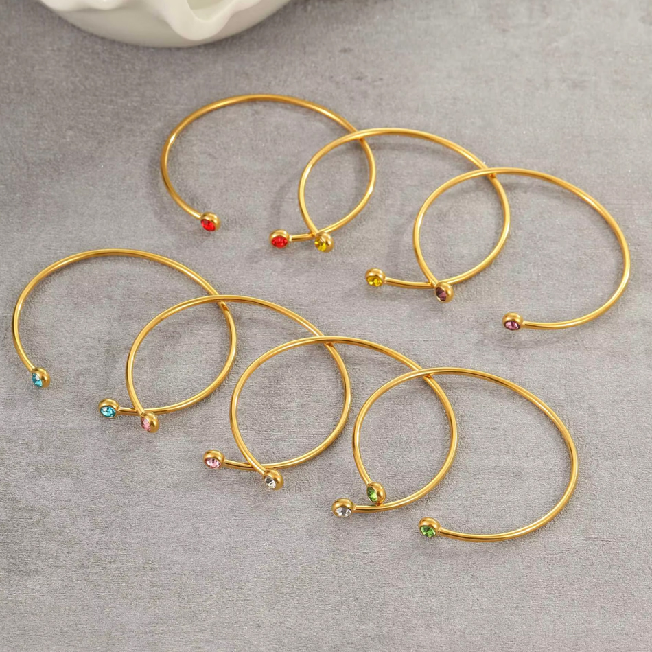 Pulsera personalizada OEM, brazalete abierto de circonio colorido, joyería de acero inoxidable 316, joyería minimalista para mujer