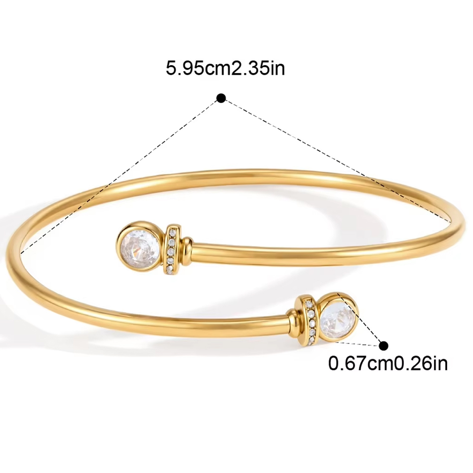 Joyería personalizada OEM, brazalete abierto de circonita de cristal rectangular ovalado delicado de acero inoxidable chapado en oro de 18 quilates, pulsera apilable