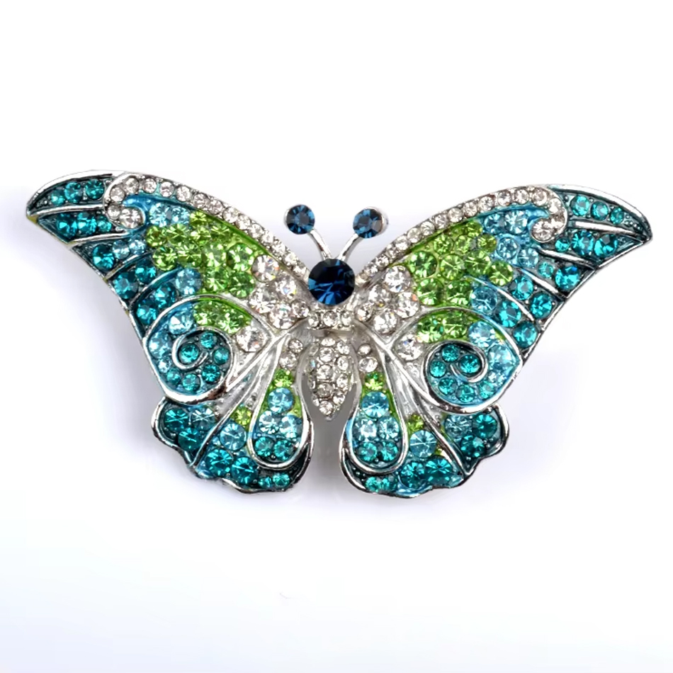 Broches de mariposa de diamante azul populares, cristal de aleación de moda para niños, regalos, fiestas, bodas, compromisos, 2025