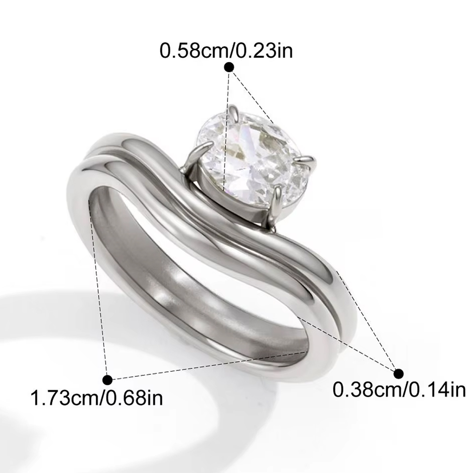 Joyería personalizada OEM, anillo ondulado de doble capa de acero inoxidable para mujer, elegante circonita blanca ovalada, joyería clásica para fiesta y boda