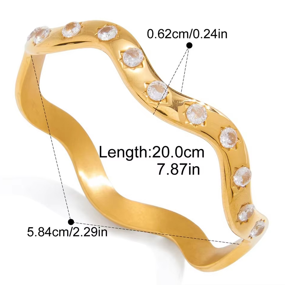 Joyería personalizada OEM, brazalete de circón de acero inoxidable chapado en oro PVD de 18 quilates, pulsera geométrica hipoalergénica resistente al agua y sin deslustre