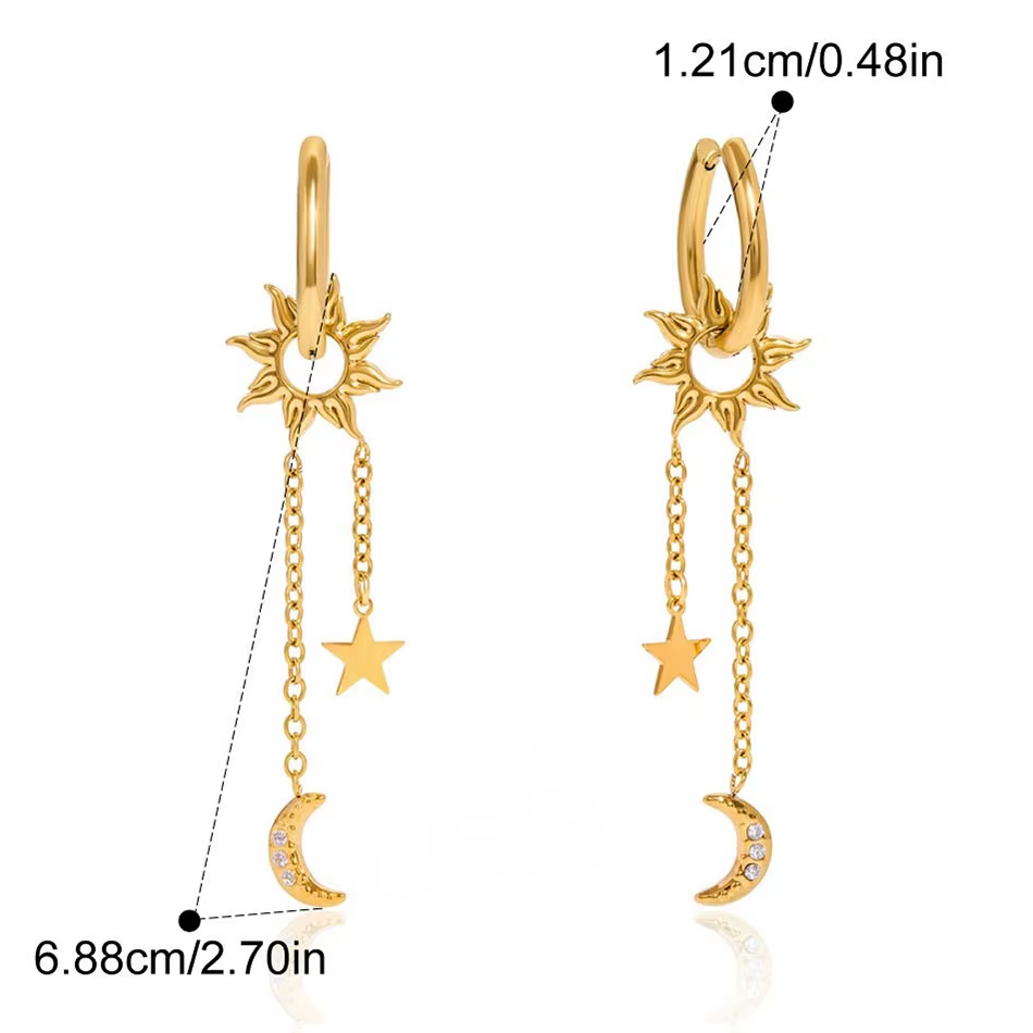 Joyería personalizada OEM, pendientes de moda de acero inoxidable de oro de 18 quilates, pendientes de borla de luna, estrella y sol, proveedor de joyería al por mayor