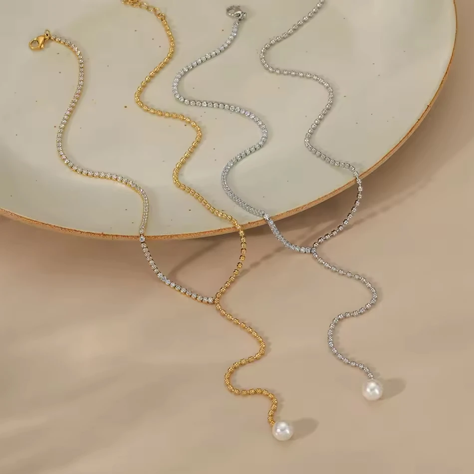Collar de cadena en Y de acero inoxidable con dije de perla de circ&oacute;n, estilo lazo Elegant Nec