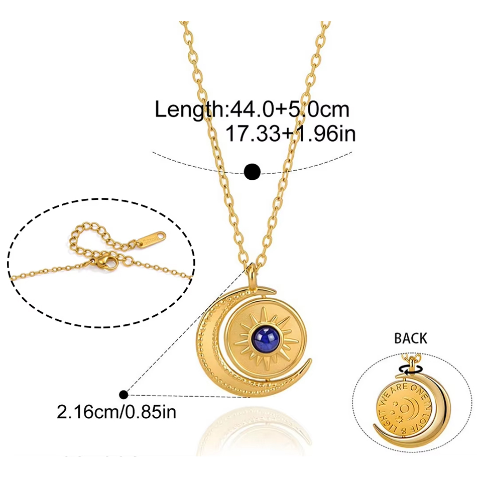 Joyería personalizada OEM, venta al por mayor, collar de acero inoxidable con sol y luna, colgante giratorio de lapislázuli, collar de clavícula que no se deslustra